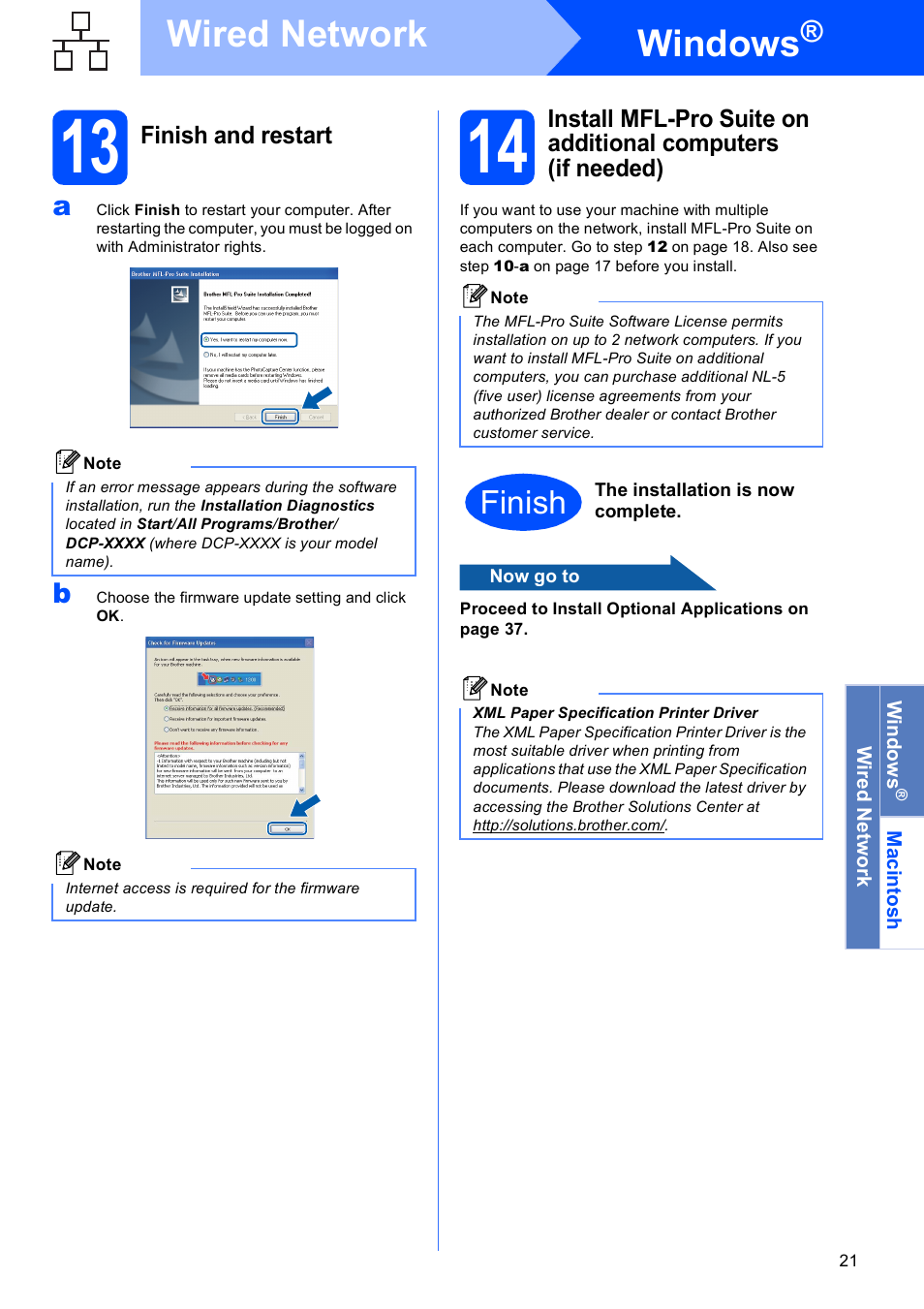 13 finish and restart, Windows, Wired network | Finish | Brother DCP-375CW User Manual | Page 21 / 42