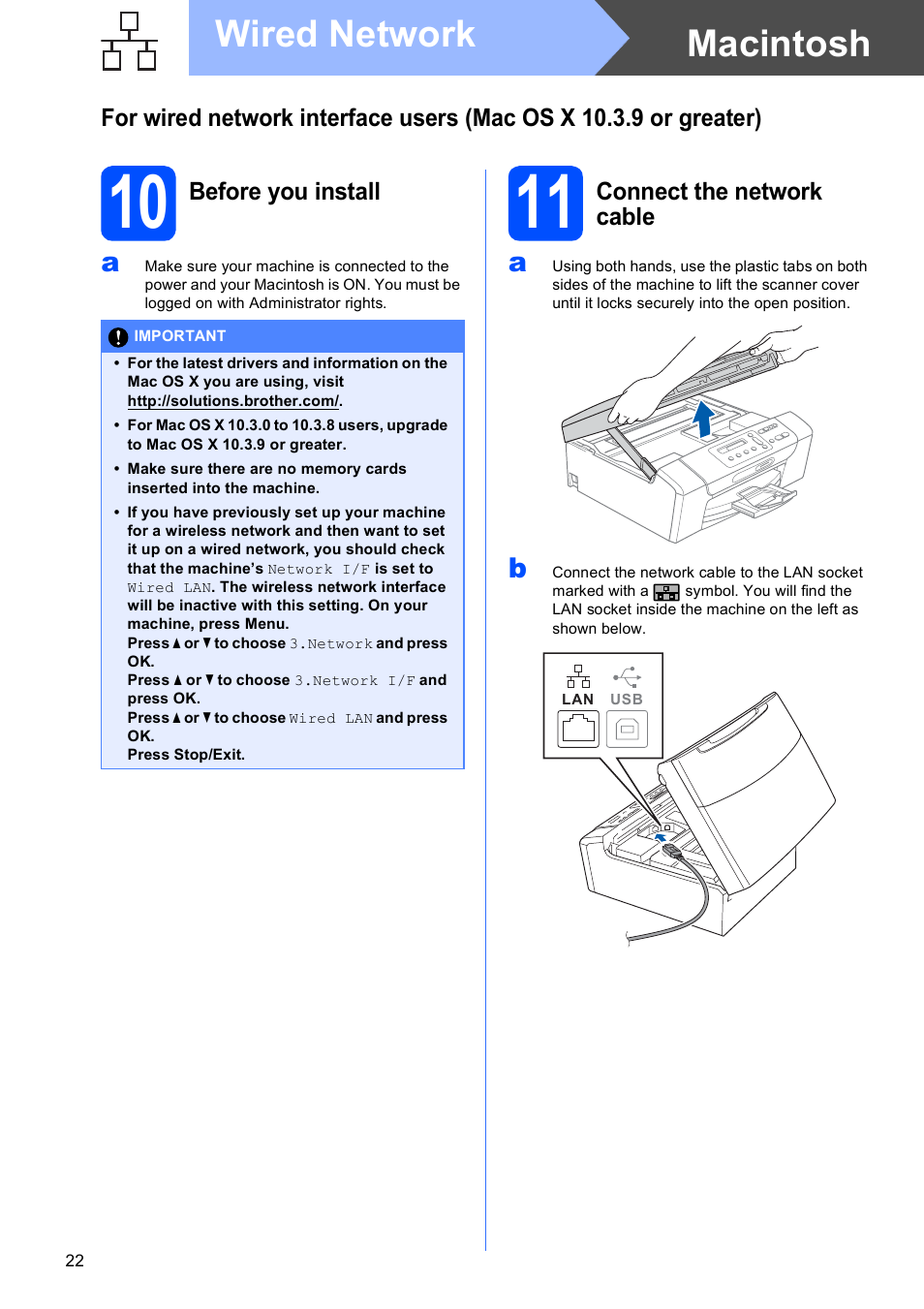 10 before you install, 11 connect the network cable, Macintosh wired network | Brother DCP-375CW User Manual | Page 22 / 42
