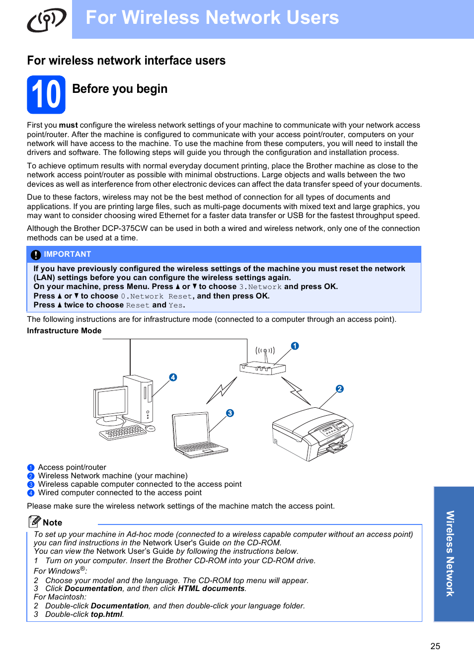 For wireless network interface users, 10 before you begin, For wireless network users | Before you begin | Brother DCP-375CW User Manual | Page 25 / 42