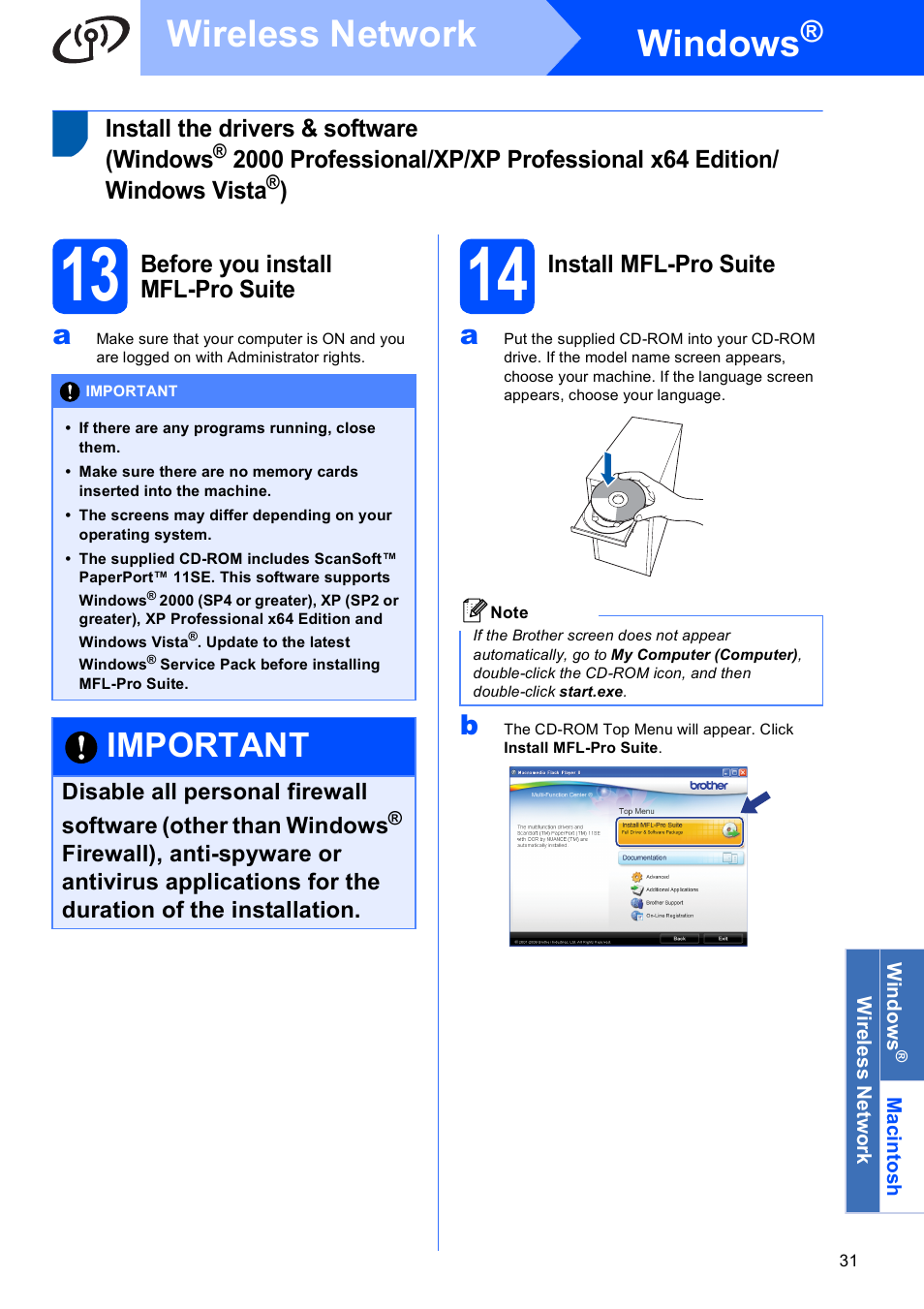 13 before you install mfl-pro suite, 14 install mfl-pro suite, Windows | Wireless network, Important | Brother DCP-375CW User Manual | Page 31 / 42