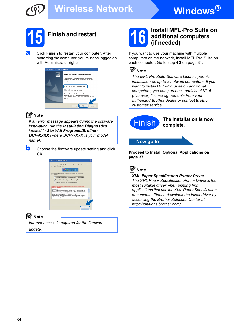 15 finish and restart, Windows, Wireless network | Finish | Brother DCP-375CW User Manual | Page 34 / 42