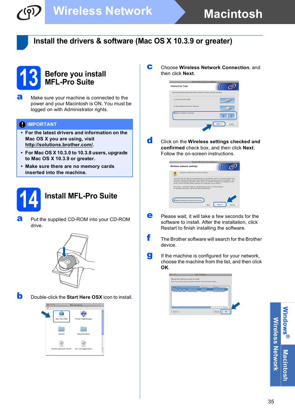 13 before you install mfl-pro suite, 14 install mfl-pro suite, Macintosh wireless network | Brother DCP-375CW User Manual | Page 35 / 42