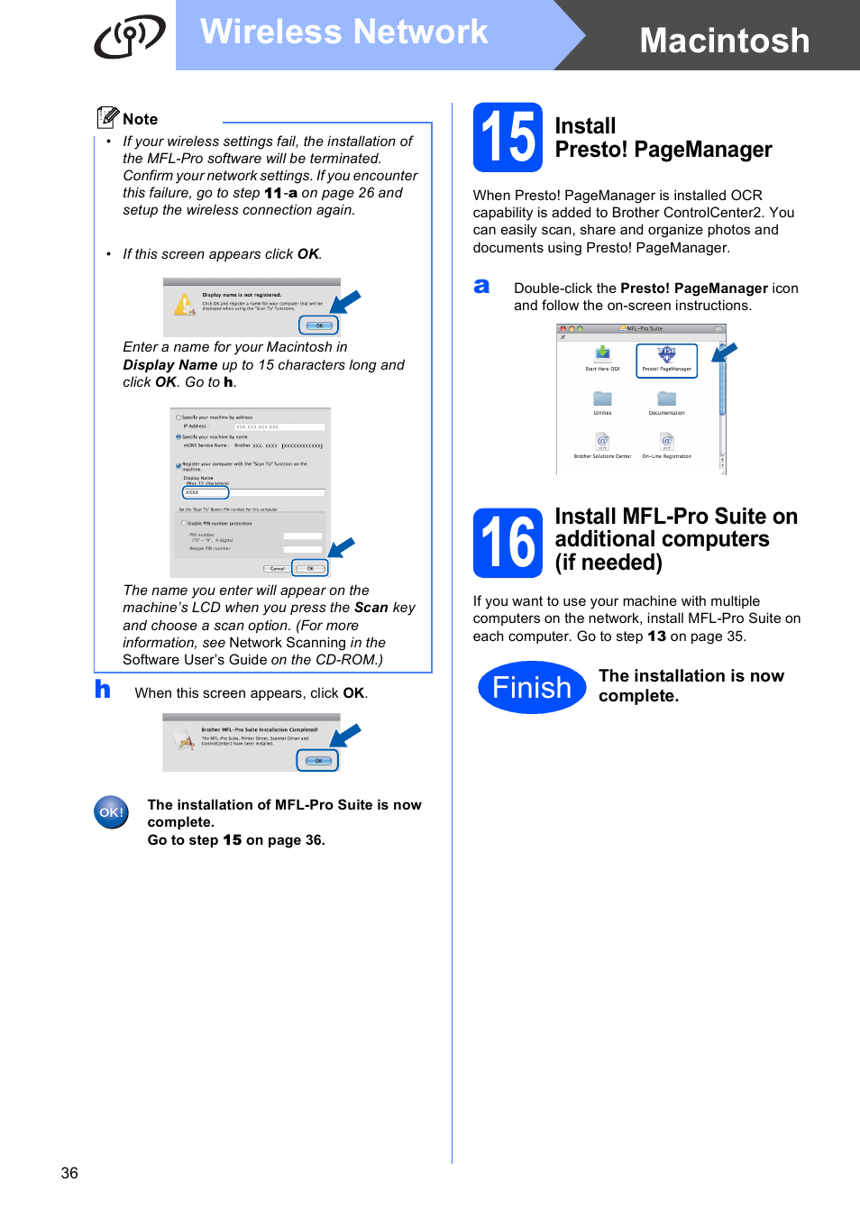 Macintosh wireless network, Finish, Install presto! pagemanager | Brother DCP-375CW User Manual | Page 36 / 42