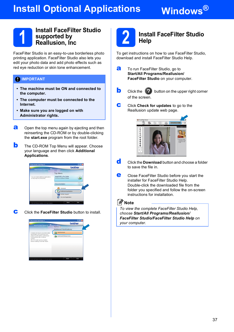 Install optional applications windows, 2 install facefilter studio help, Windows | Install optional applications | Brother DCP-375CW User Manual | Page 37 / 42