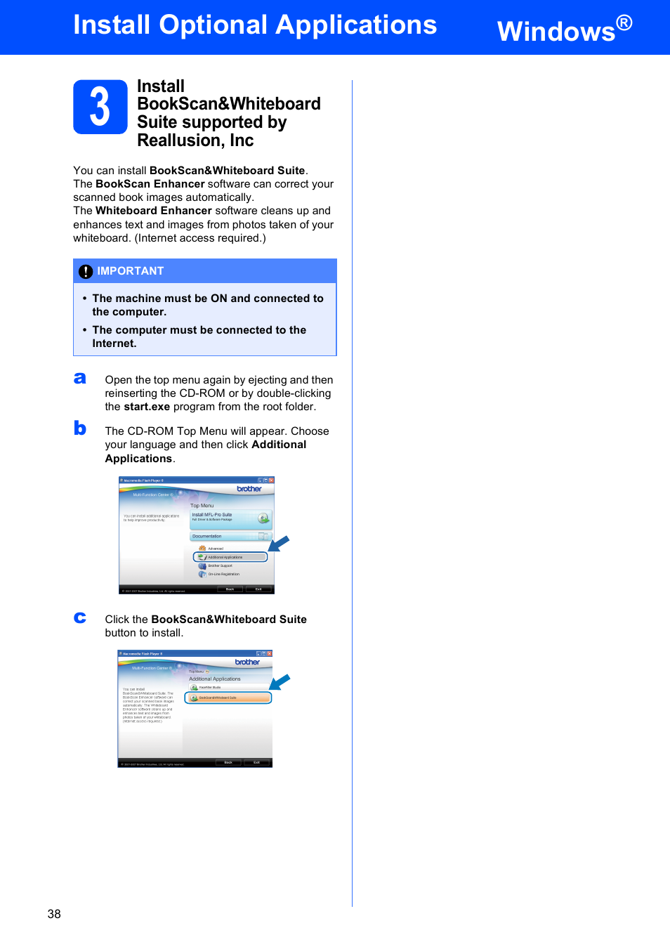 Windows, Install optional applications | Brother DCP-375CW User Manual | Page 38 / 42