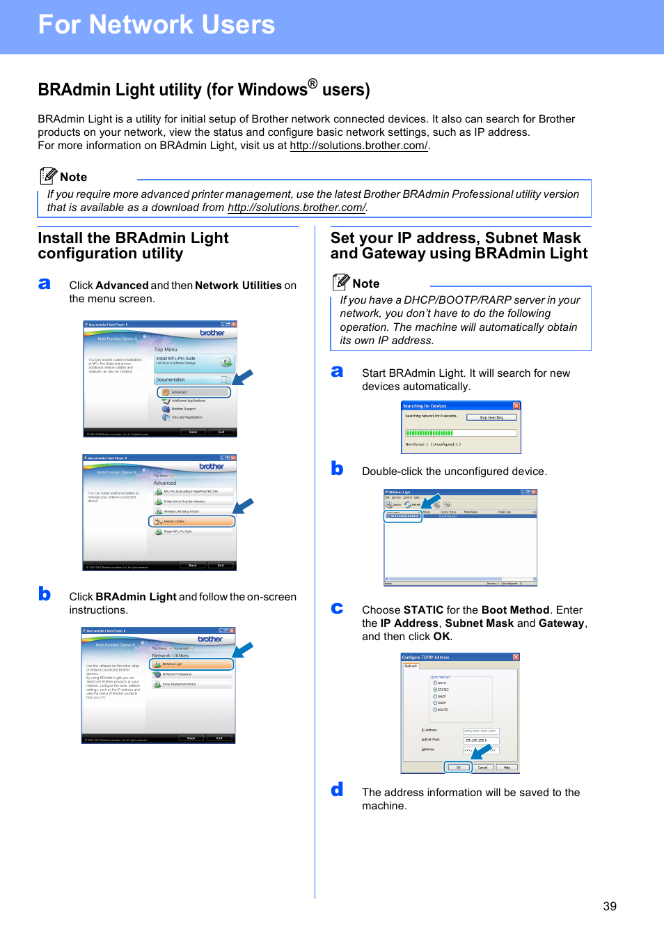 For network users, Bradmin light utility (for windows® users), Install the bradmin light configuration utility | Bradmin light utility (for windows, Users) | Brother DCP-375CW User Manual | Page 39 / 42