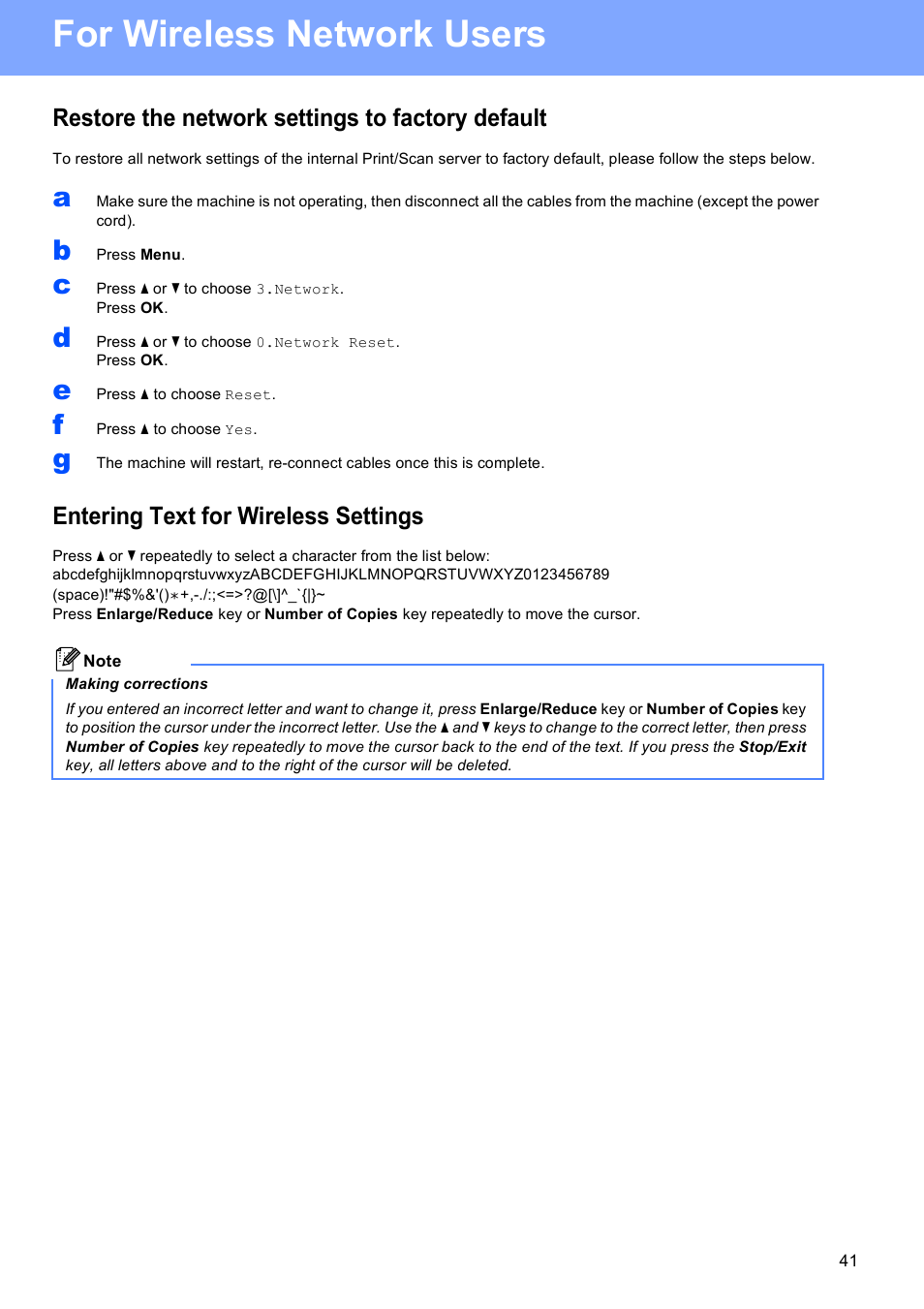 Restore the network settings to factory default, Entering text for wireless settings, For wireless network users | Brother DCP-375CW User Manual | Page 41 / 42