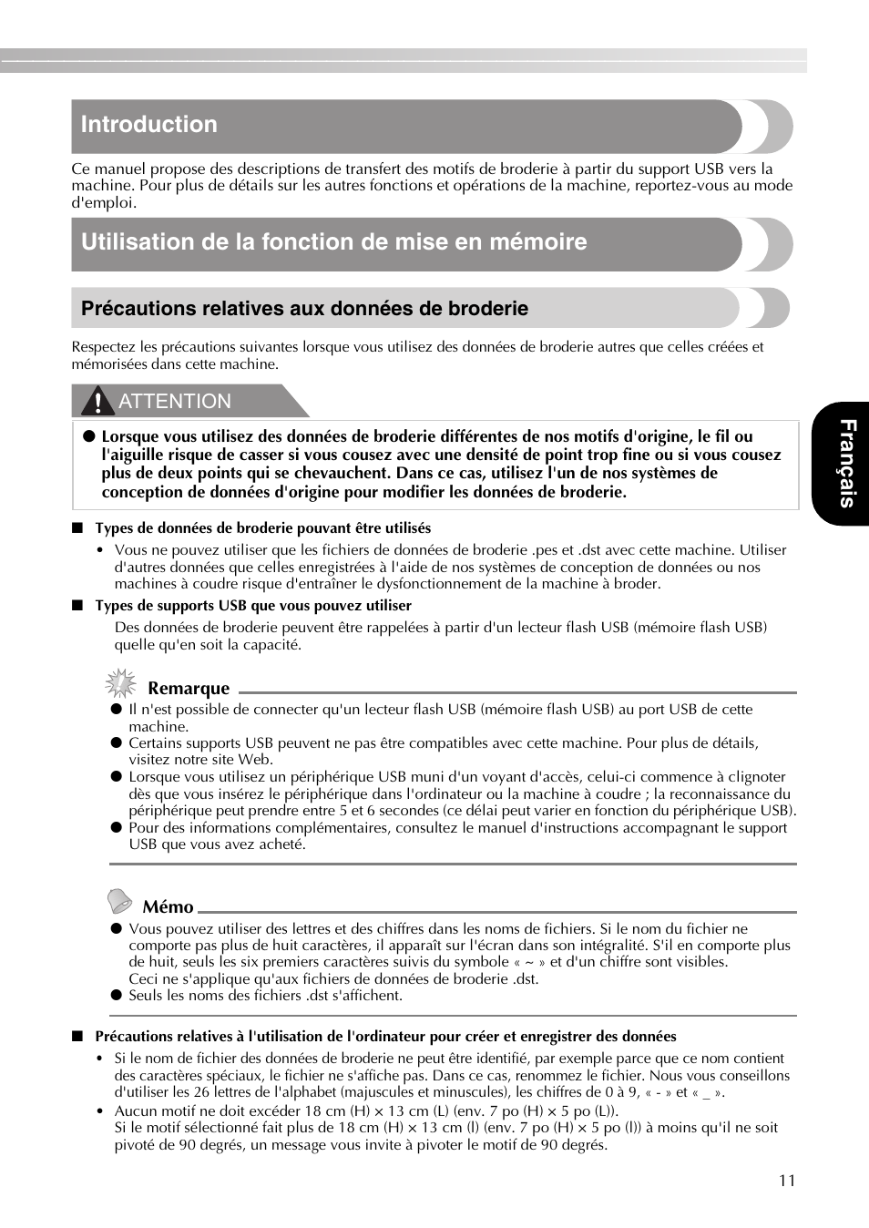 Introduction, Utilisation de la fonction de mise en mémoire, Franç a is | Précautions relatives aux données de broderie, Attention | Brother DZ820E User Manual | Page 13 / 40