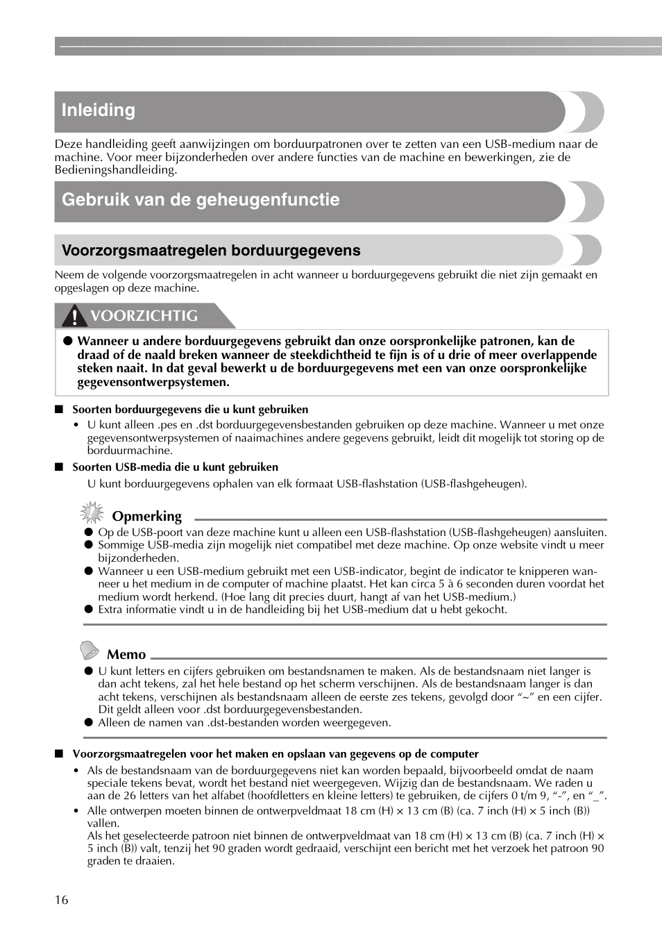 Inleiding, Gebruik van de geheugenfunctie, Voorzorgsmaatregelen borduurgegevens | Voorzichtig | Brother DZ820E User Manual | Page 18 / 40