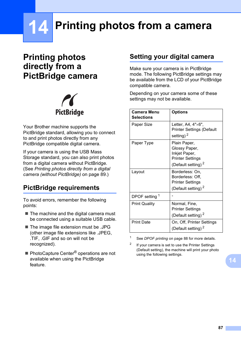 14 printing photos from a camera, Printing photos directly from a pictbridge camera, Pictbridge requirements | Setting your digital camera, Printing photos from a camera | Brother MFC-5490CN User Manual | Page 101 / 182