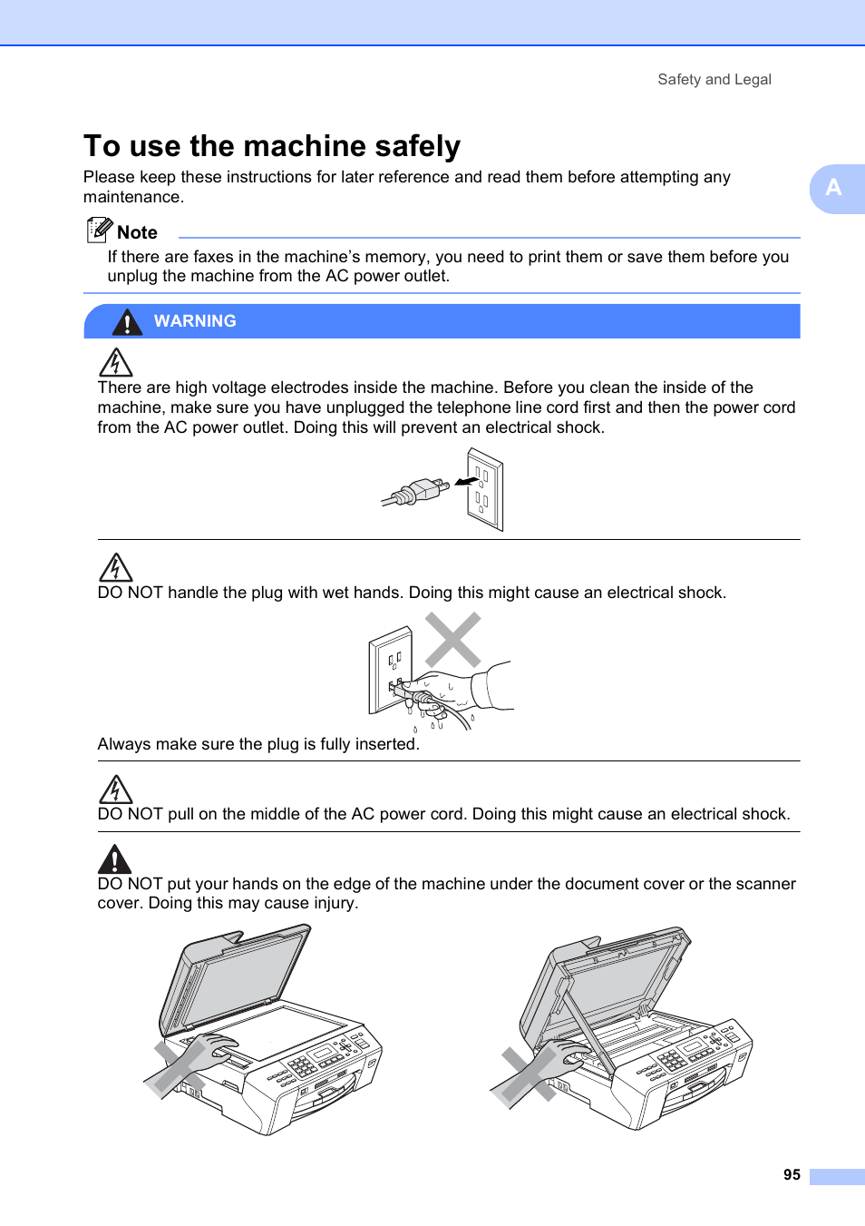 To use the machine safely, Warning, Always make sure the plug is fully inserted | Safety and legal 95 | Brother MFC-5490CN User Manual | Page 109 / 182