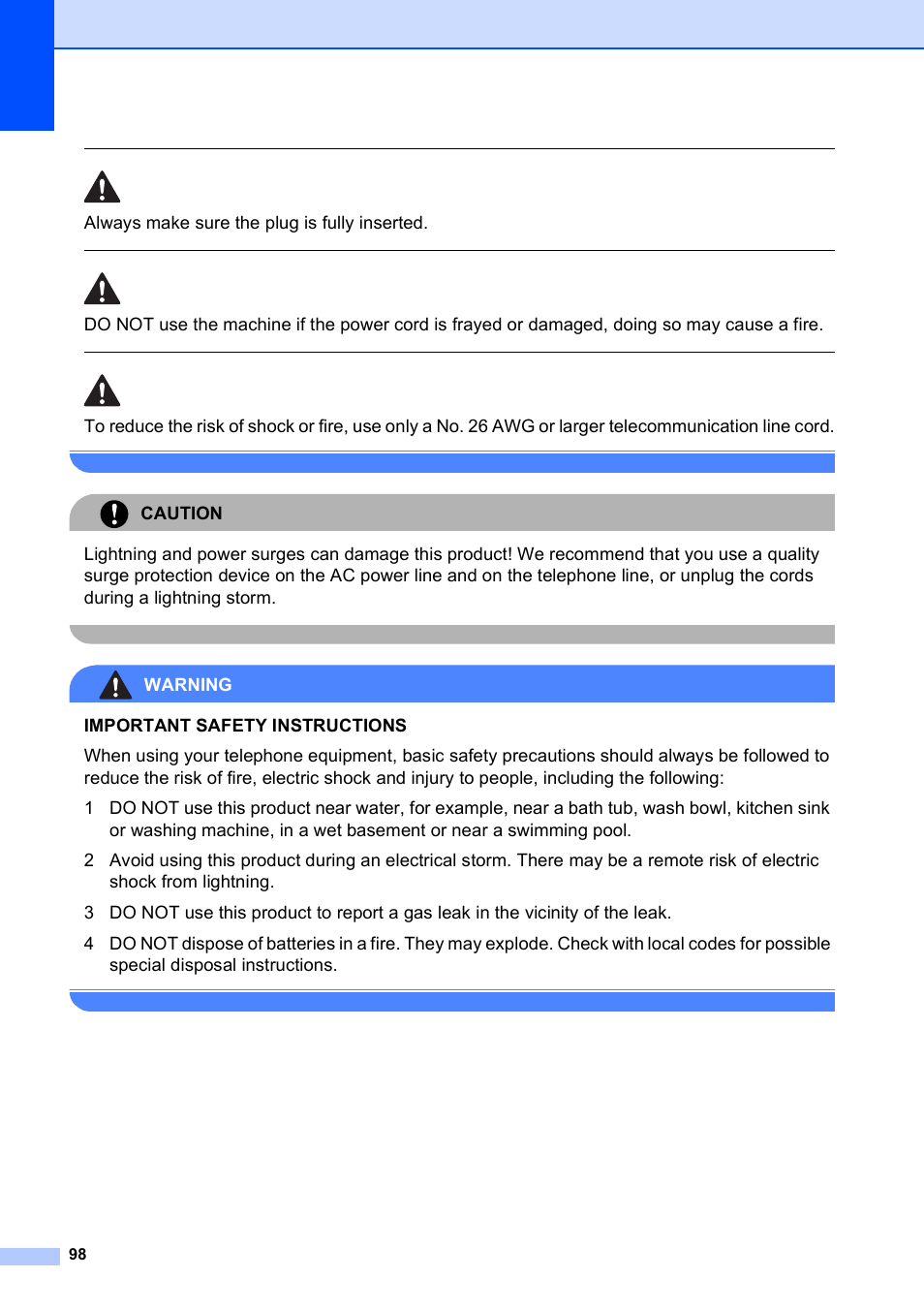 Always make sure the plug is fully inserted, Caution, Warning | Brother MFC-5490CN User Manual | Page 112 / 182