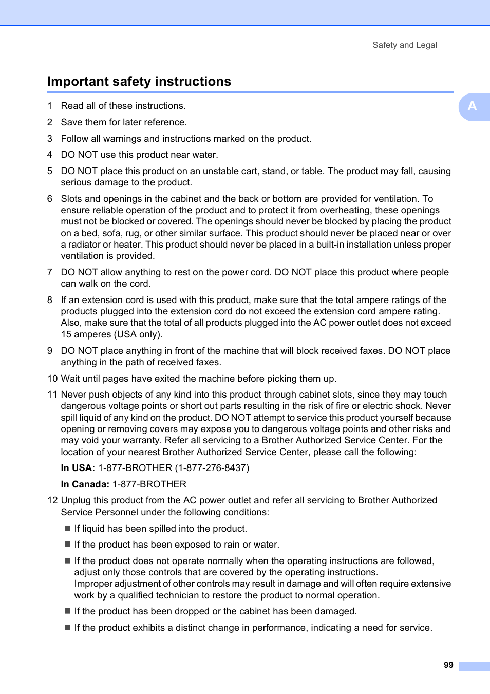 Important safety instructions, Aimportant safety instructions | Brother MFC-5490CN User Manual | Page 113 / 182