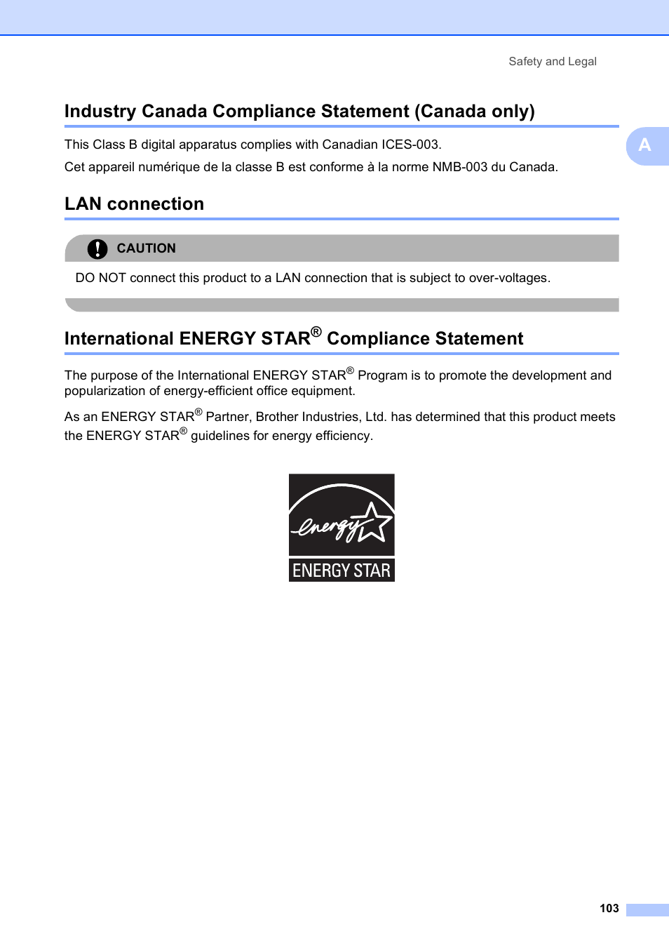 Industry canada compliance statement (canada only), Lan connection, International energy star® compliance statement | Compliance statement, International energy star | Brother MFC-5490CN User Manual | Page 117 / 182