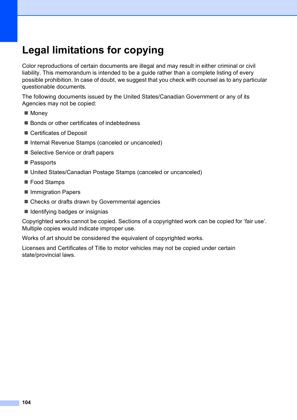 Legal limitations for copying | Brother MFC-5490CN User Manual | Page 118 / 182