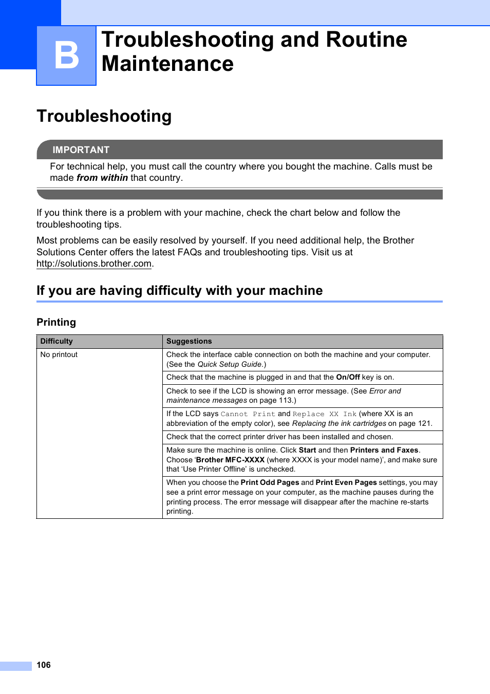 B troubleshooting and routine maintenance, Troubleshooting, If you are having difficulty with your machine | Troubleshooting and routine maintenance | Brother MFC-5490CN User Manual | Page 120 / 182