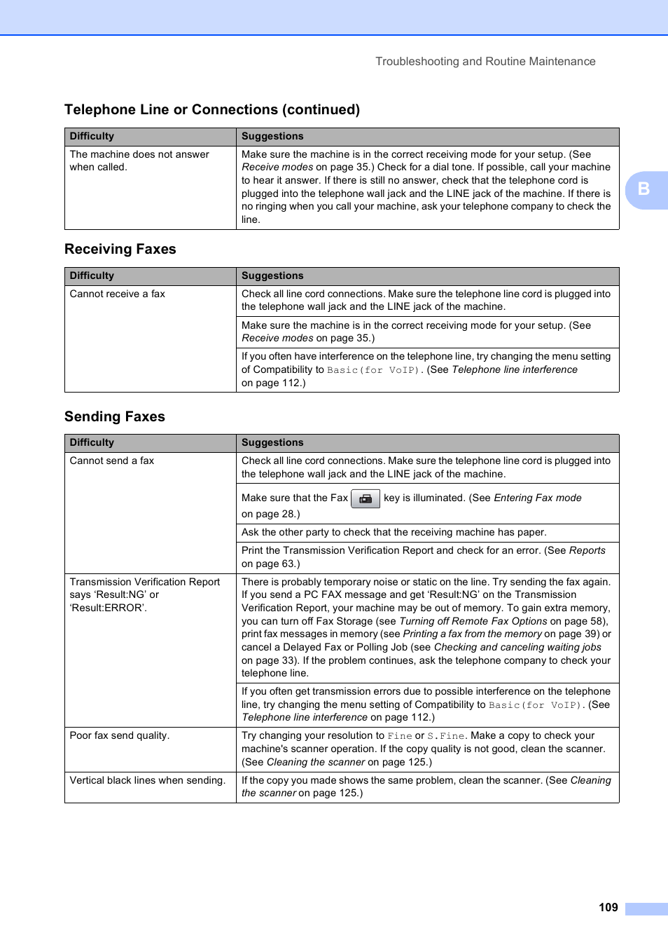 Receiving faxes, Sending faxes, Telephone line or connections (continued) | Brother MFC-5490CN User Manual | Page 123 / 182