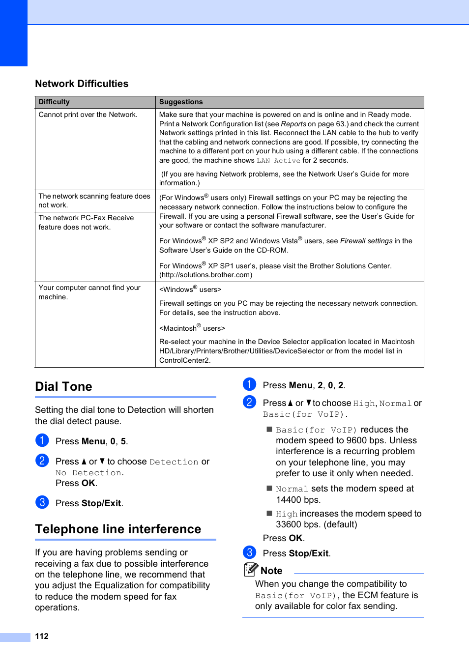 Dial tone, Telephone line interference, Dial tone telephone line interference | Network difficulties | Brother MFC-5490CN User Manual | Page 126 / 182