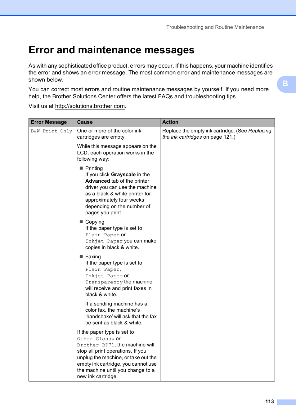 Error and maintenance messages | Brother MFC-5490CN User Manual | Page 127 / 182