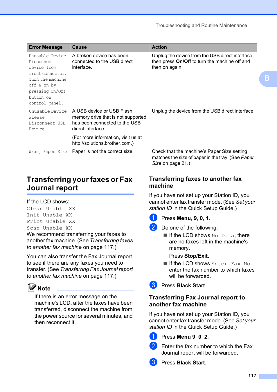 Transferring your faxes or fax journal report, Transferring faxes to another fax machine, Btransferring your faxes or fax journal report | Brother MFC-5490CN User Manual | Page 131 / 182