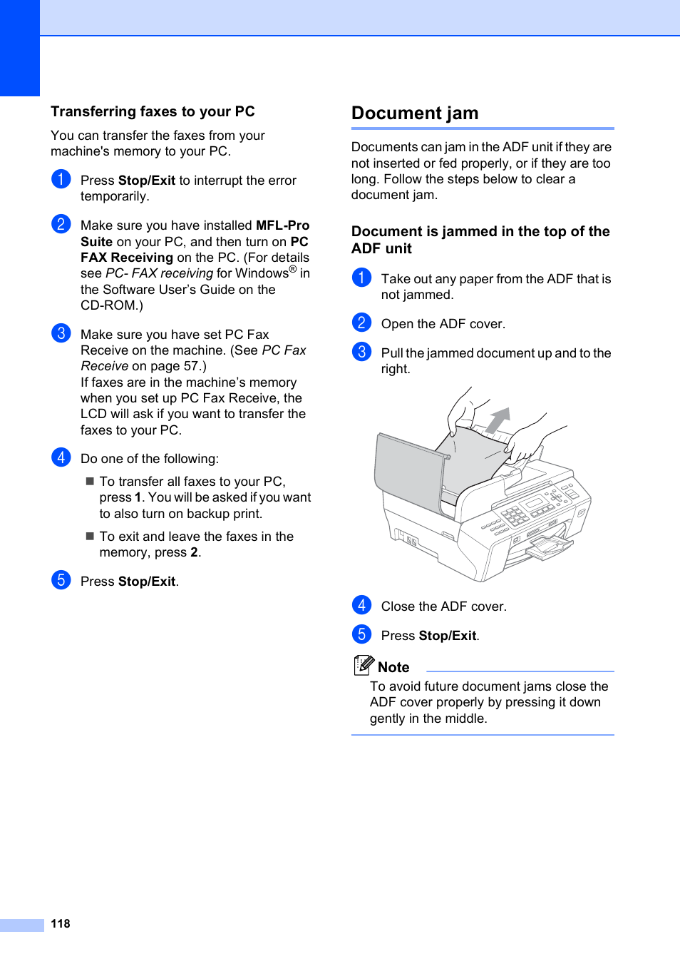 Transferring faxes to your pc, Document jam, Document is jammed in the top of the adf unit | Brother MFC-5490CN User Manual | Page 132 / 182