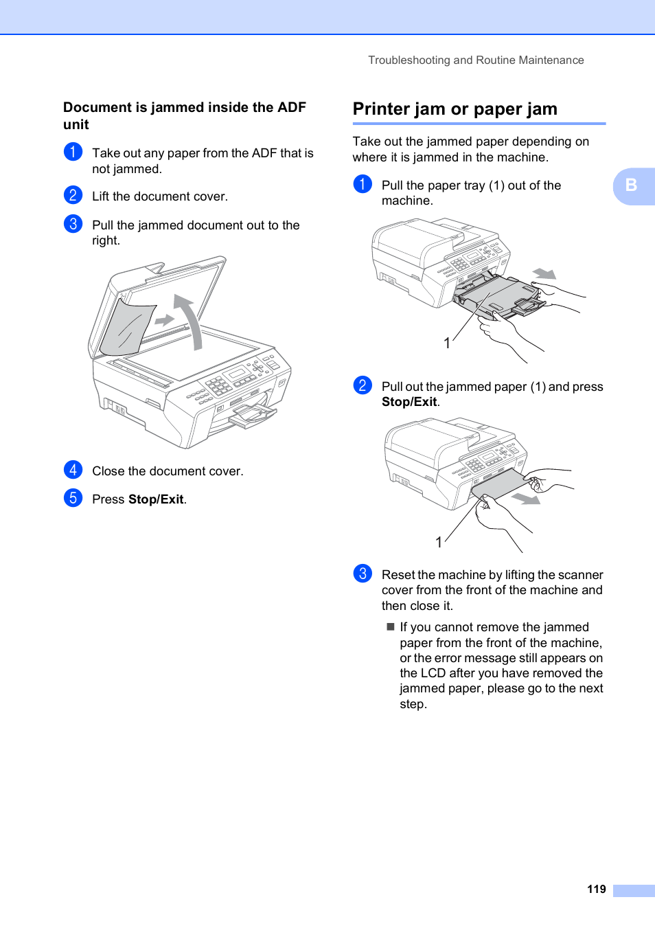 Document is jammed inside the adf unit, Printer jam or paper jam | Brother MFC-5490CN User Manual | Page 133 / 182