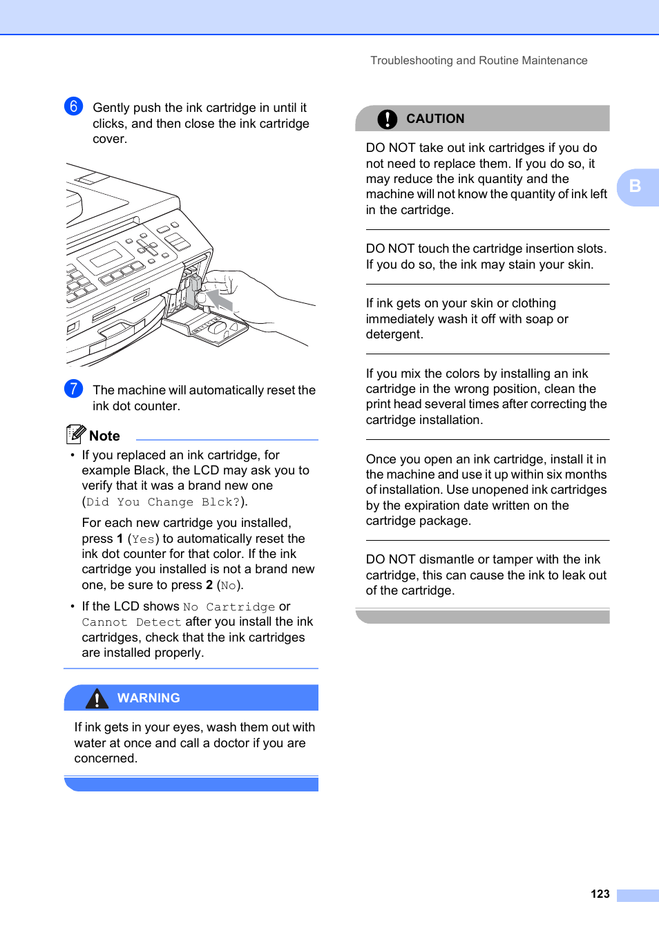 Warning, Caution, Troubleshooting and routine maintenance 123 | Brother MFC-5490CN User Manual | Page 137 / 182