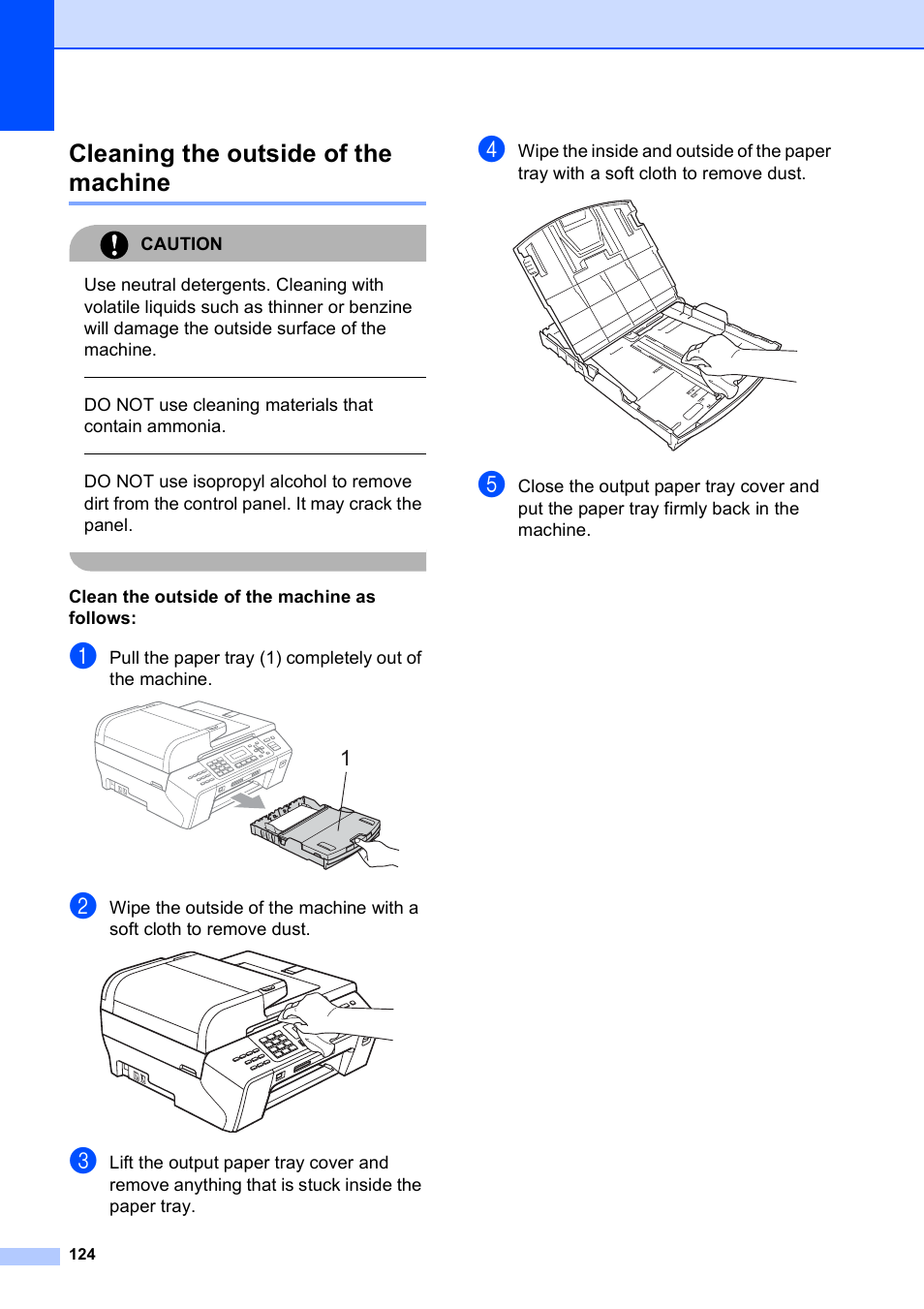 Cleaning the outside of the machine, Caution, Do not use cleaning materials that contain ammonia | Clean the outside of the machine as follows | Brother MFC-5490CN User Manual | Page 138 / 182