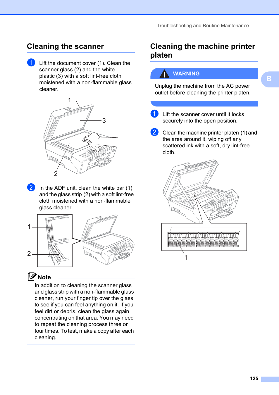 Cleaning the scanner, Cleaning the machine printer platen, Bcleaning the scanner | Brother MFC-5490CN User Manual | Page 139 / 182