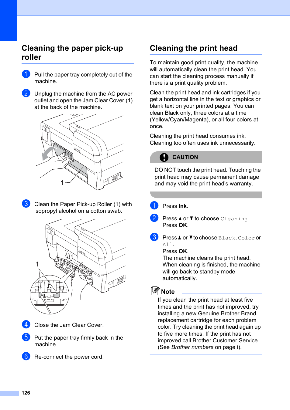 Cleaning the paper pick-up roller, Cleaning the print head | Brother MFC-5490CN User Manual | Page 140 / 182