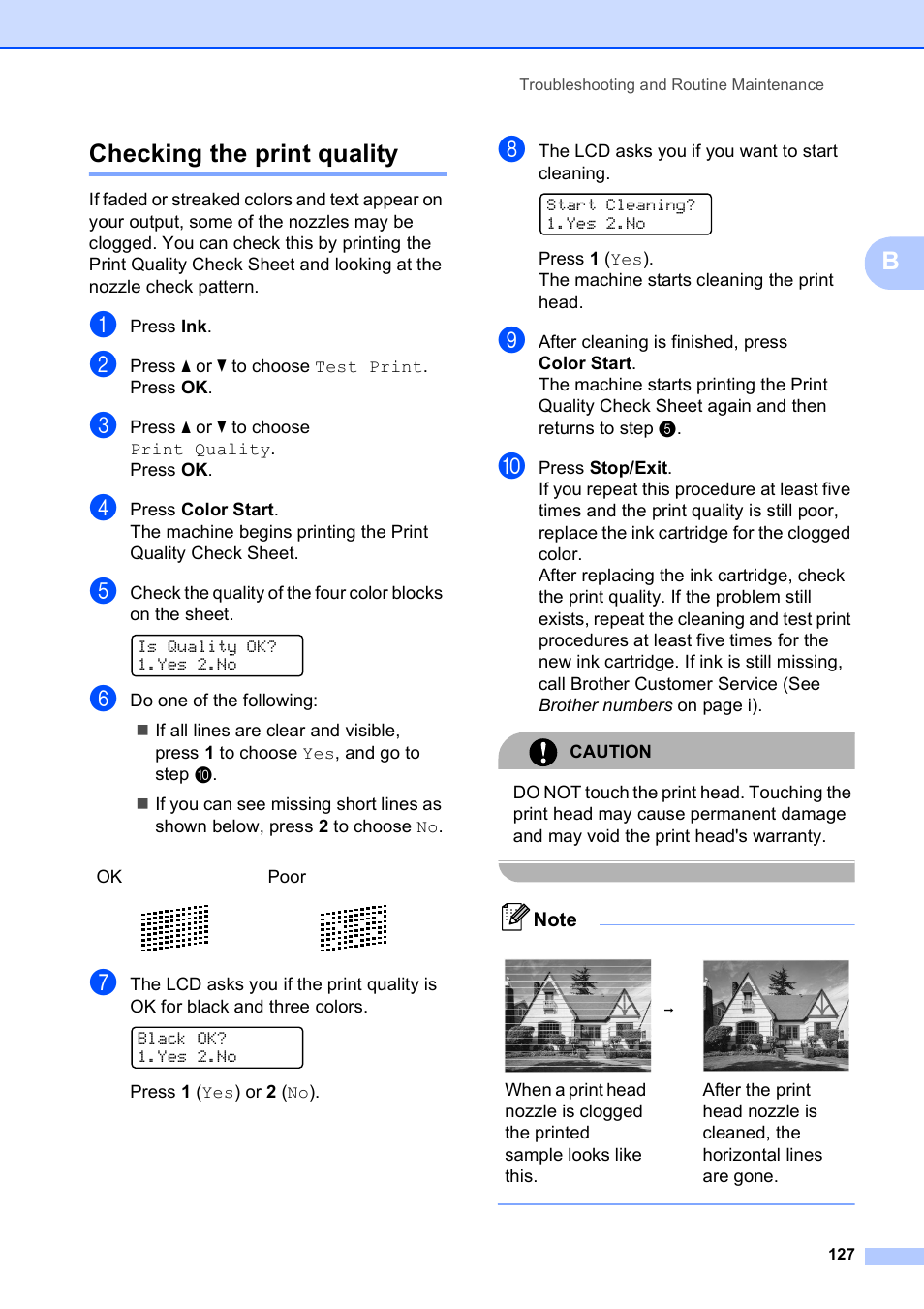 Checking the print quality, Bchecking the print quality | Brother MFC-5490CN User Manual | Page 141 / 182