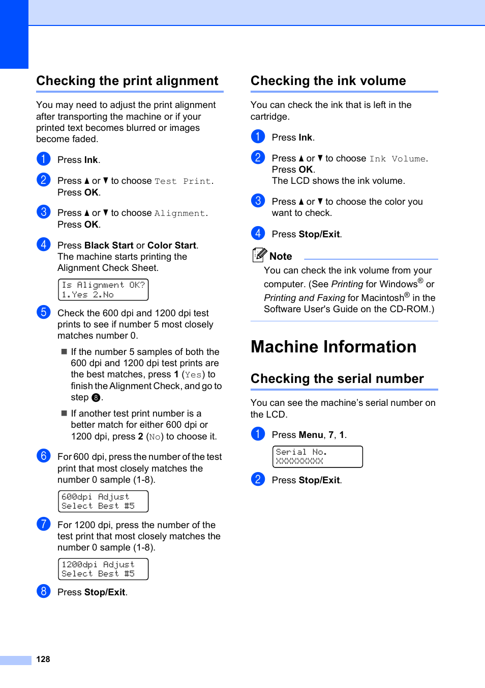 Checking the print alignment, Checking the ink volume, Machine information | Checking the serial number | Brother MFC-5490CN User Manual | Page 142 / 182