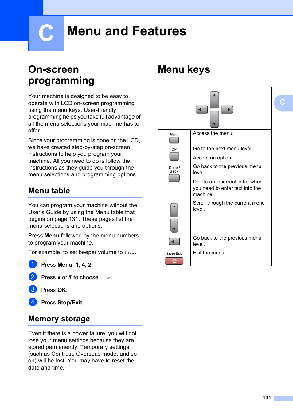 C_menu and features, On-screen programming, Menu table | Memory storage, Menu keys, Menu and features, Menu table memory storage | Brother MFC-5490CN User Manual | Page 145 / 182