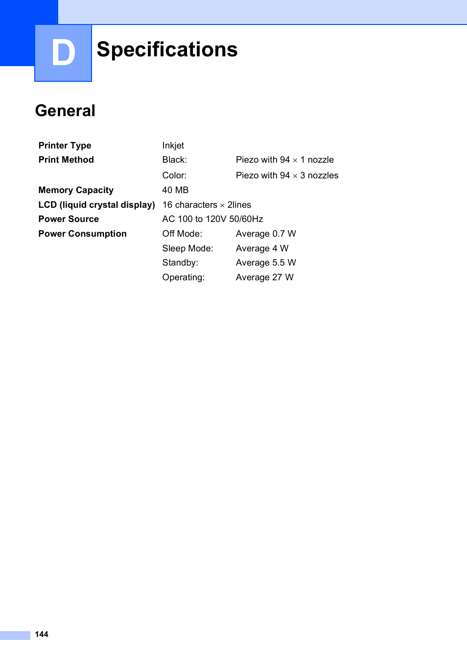 D specifications, General, Specifications | Brother MFC-5490CN User Manual | Page 158 / 182