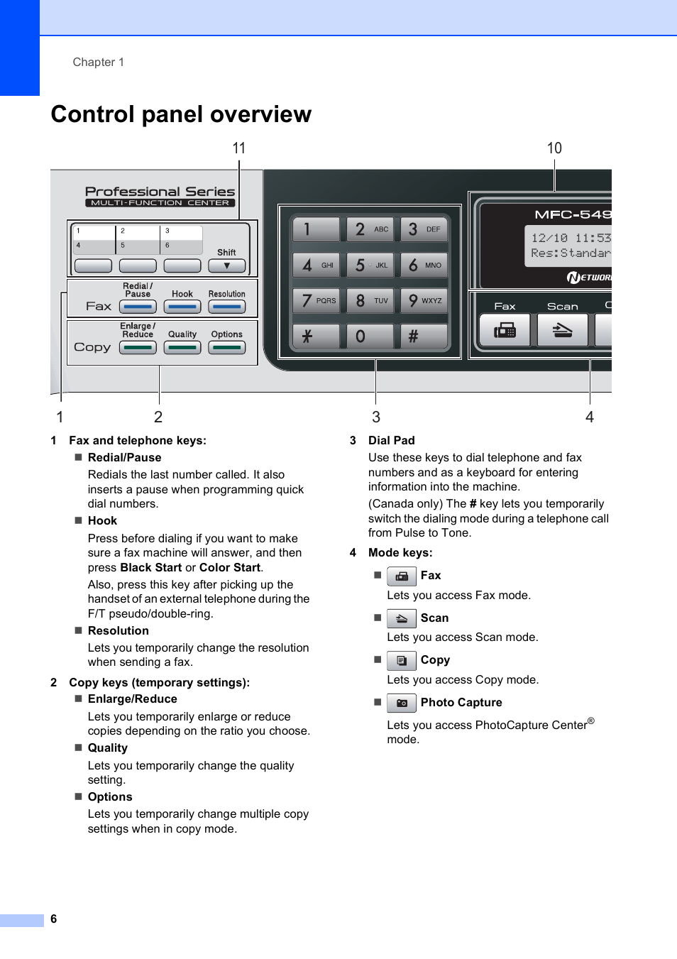 Control panel overview | Brother MFC-5490CN User Manual | Page 20 / 182