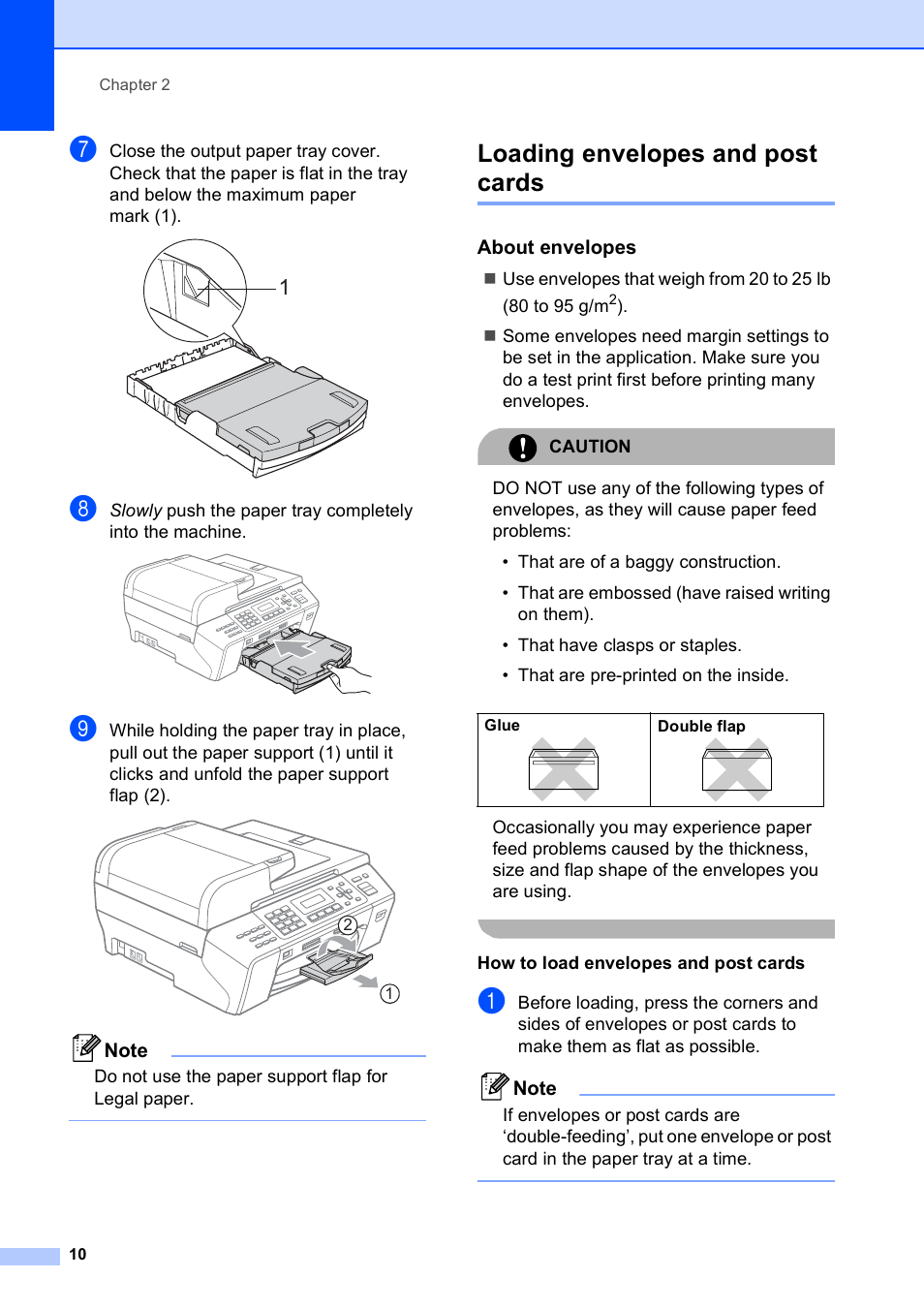 Loading envelopes and post cards, About envelopes | Brother MFC-5490CN User Manual | Page 24 / 182