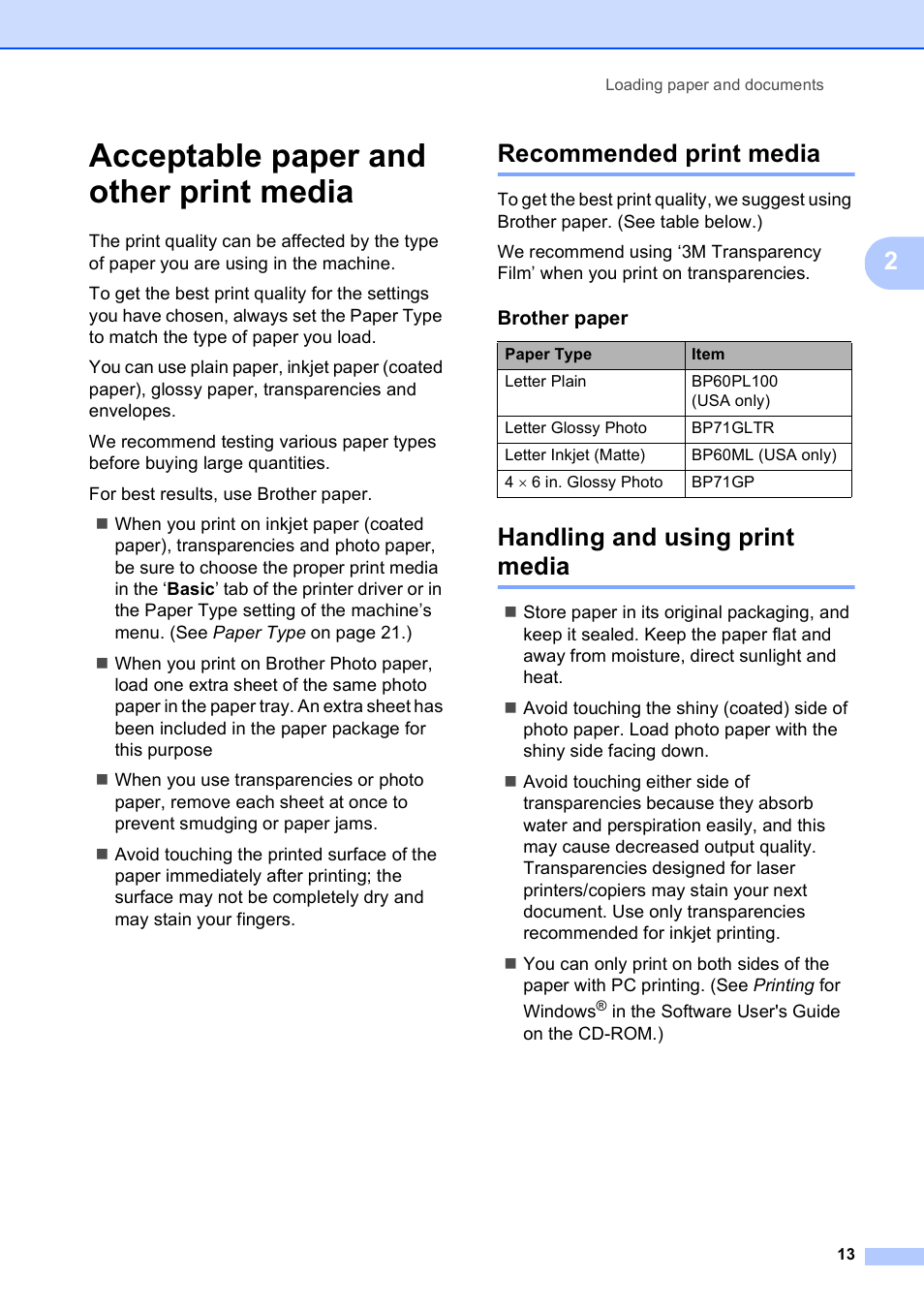 Acceptable paper and other print media, Recommended print media, Handling and using print media | Brother MFC-5490CN User Manual | Page 27 / 182