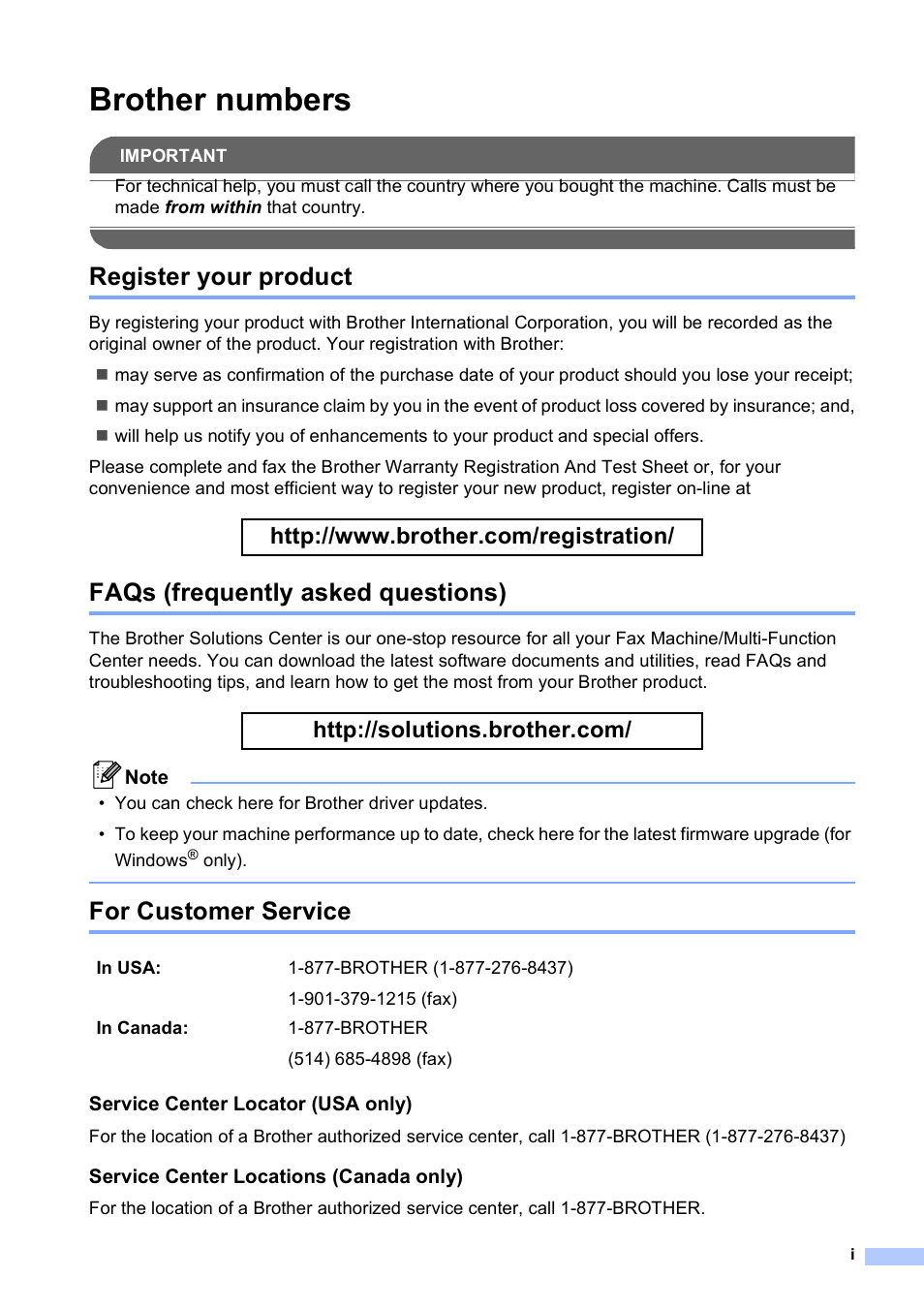 Brother numbers, Register your product, Faqs (frequently asked questions) | For customer service | Brother MFC-5490CN User Manual | Page 3 / 182