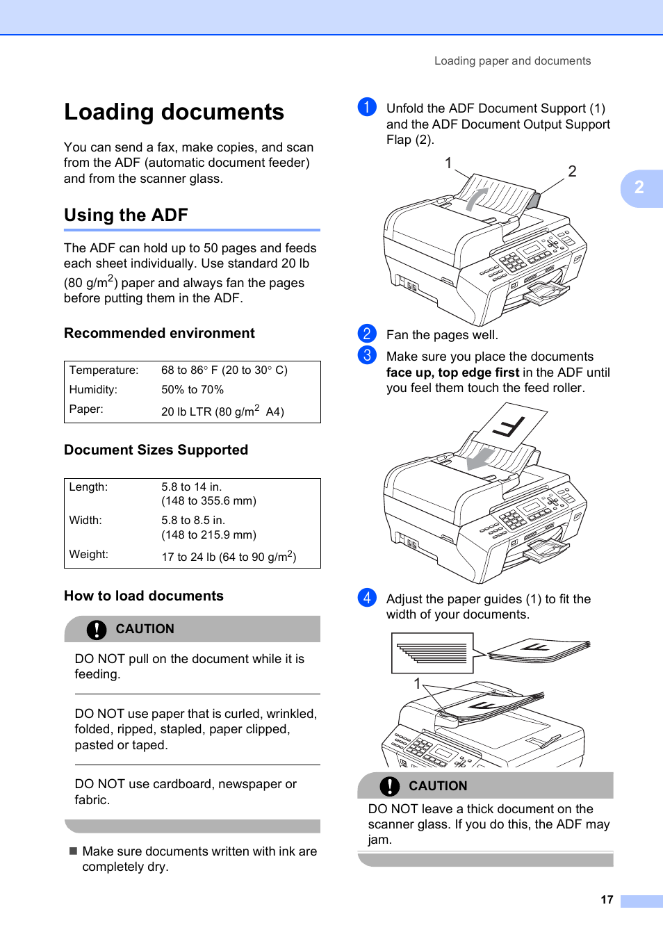 Loading documents, Using the adf, Recommended environment | Document sizes supported, How to load documents | Brother MFC-5490CN User Manual | Page 31 / 182