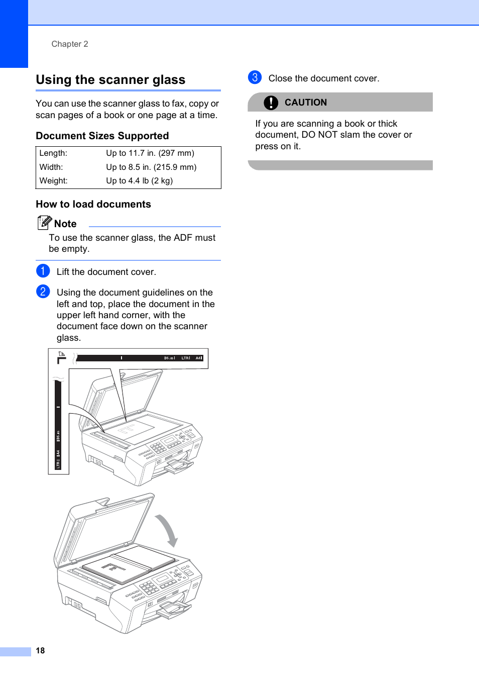 Using the scanner glass, Document sizes supported, How to load documents | Brother MFC-5490CN User Manual | Page 32 / 182