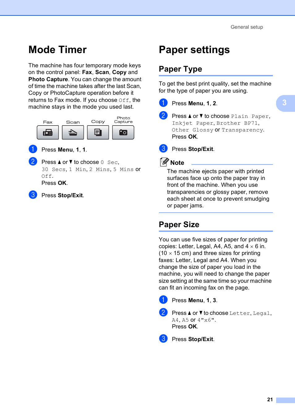 Mode timer, Paper settings, Paper type | Paper size, Mode timer paper settings, Paper type paper size | Brother MFC-5490CN User Manual | Page 35 / 182