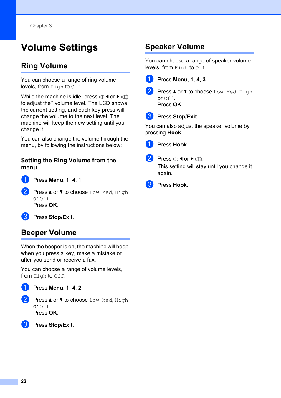 Volume settings, Ring volume, Setting the ring volume from the menu | Beeper volume, Speaker volume, Ring volume beeper volume speaker volume | Brother MFC-5490CN User Manual | Page 36 / 182