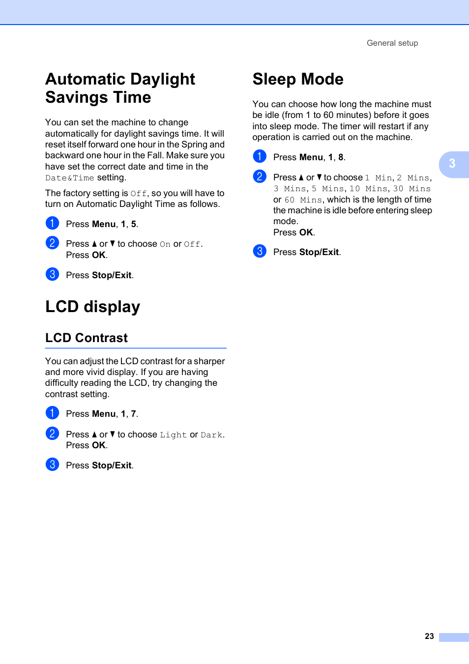 Automatic daylight savings time, Lcd display, Lcd contrast | Sleep mode, Automatic daylight savings time lcd display | Brother MFC-5490CN User Manual | Page 37 / 182