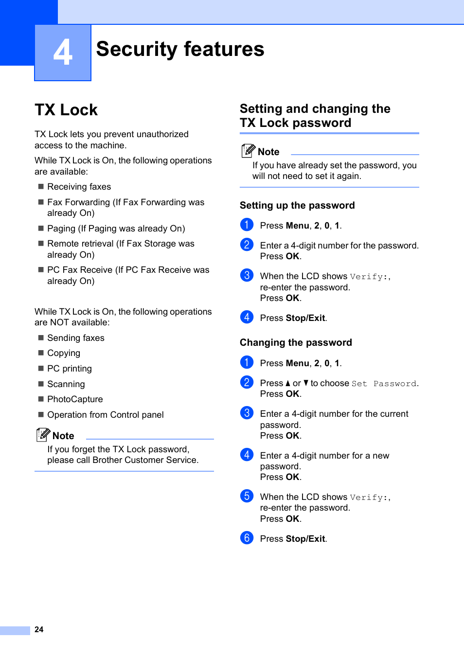 4 security features, Tx lock, Setting and changing the tx lock password | Setting up the password, Changing the password, Security features | Brother MFC-5490CN User Manual | Page 38 / 182