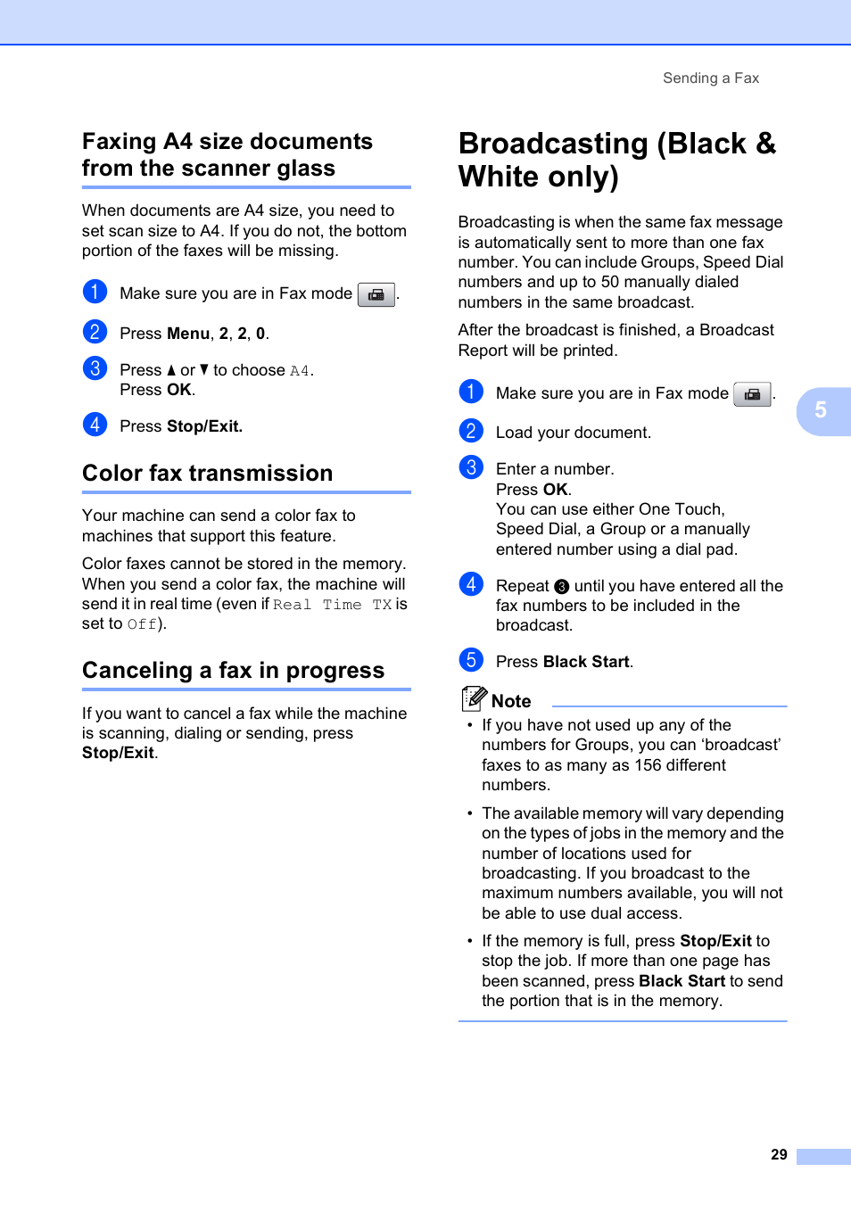Faxing a4 size documents from the scanner glass, Color fax transmission, Canceling a fax in progress | Broadcasting (black & white only), 5faxing a4 size documents from the scanner glass | Brother MFC-5490CN User Manual | Page 43 / 182