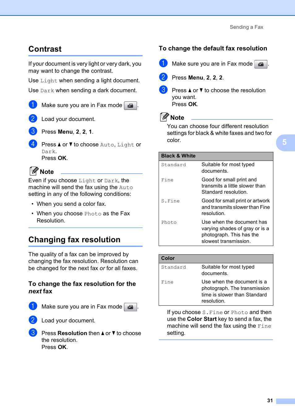 Contrast, Changing fax resolution, To change the fax resolution for the next fax | To change the default fax resolution, Contrast changing fax resolution, 5contrast | Brother MFC-5490CN User Manual | Page 45 / 182