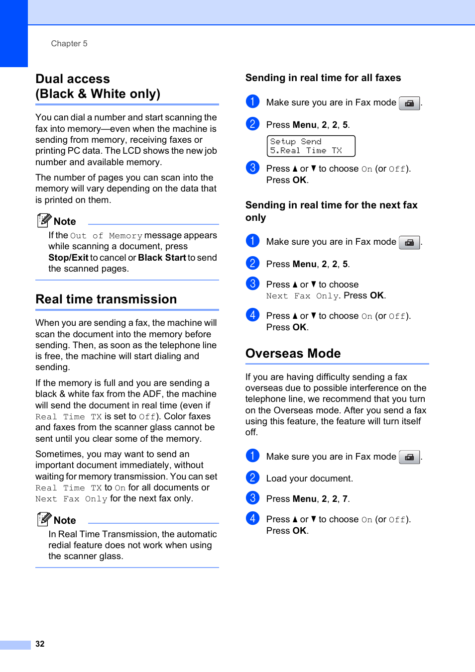 Dual access (black & white only), Real time transmission, Sending in real time for all faxes | Sending in real time for the next fax only, Overseas mode | Brother MFC-5490CN User Manual | Page 46 / 182