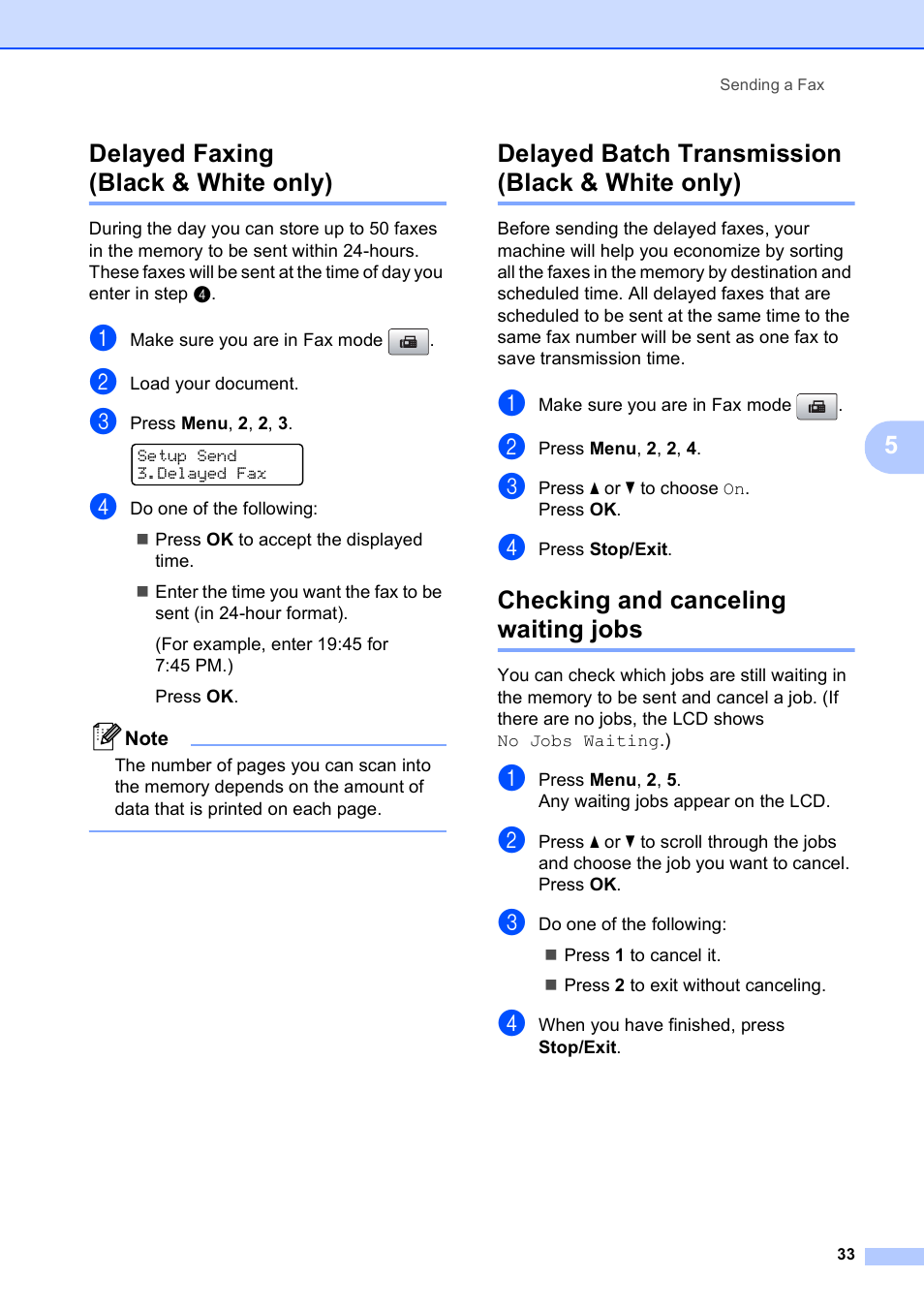 Delayed faxing (black & white only), Delayed batch transmission (black & white only), Checking and canceling waiting jobs | 5delayed faxing (black & white only) | Brother MFC-5490CN User Manual | Page 47 / 182