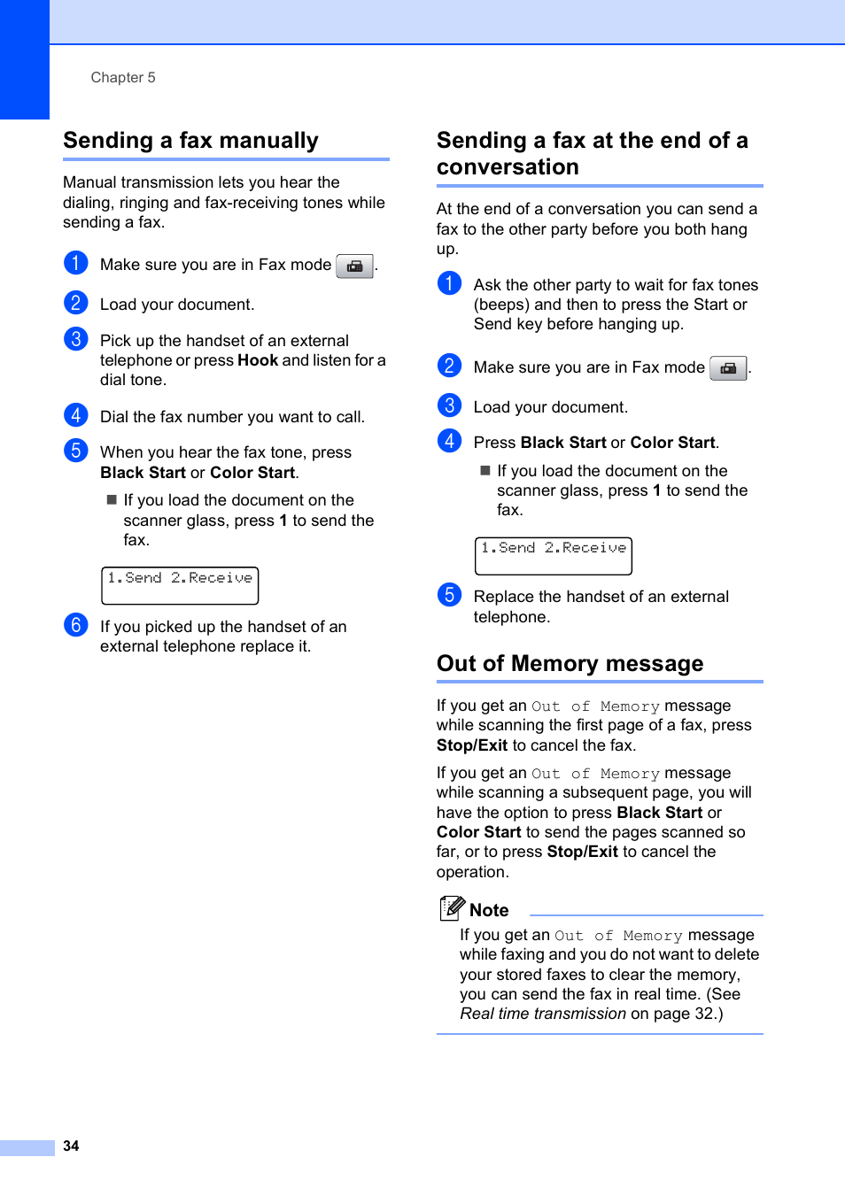 Sending a fax manually, Sending a fax at the end of a conversation, Out of memory message | Brother MFC-5490CN User Manual | Page 48 / 182