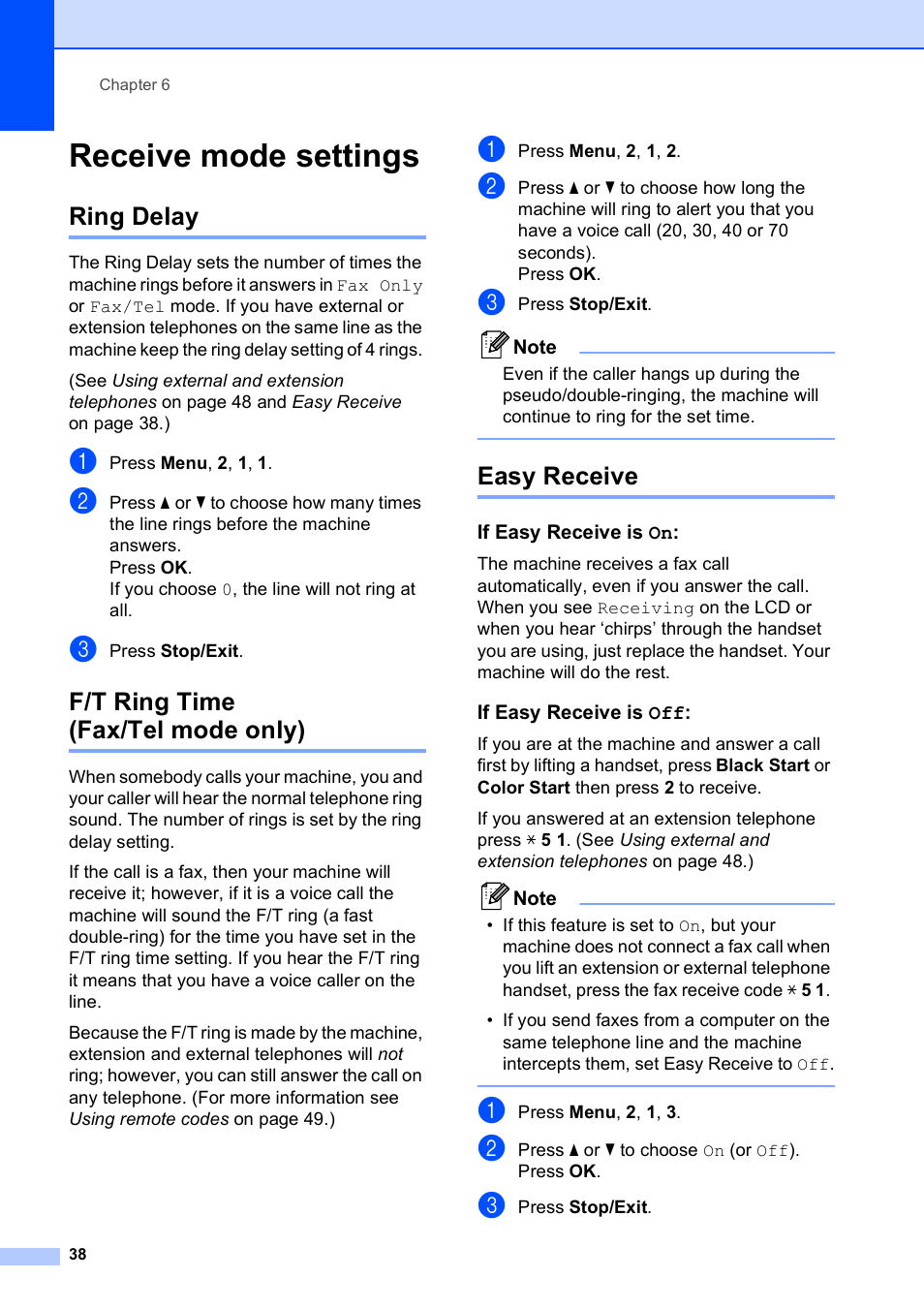 Receive mode settings, Ring delay, F/t ring time (fax/tel mode only) | Easy receive, If easy receive is on, If easy receive is off | Brother MFC-5490CN User Manual | Page 52 / 182